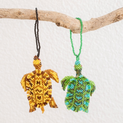 Glass Beaded Sea Turtle Ornaments from Guatemala Pair 'Colorful Sea Turtles'