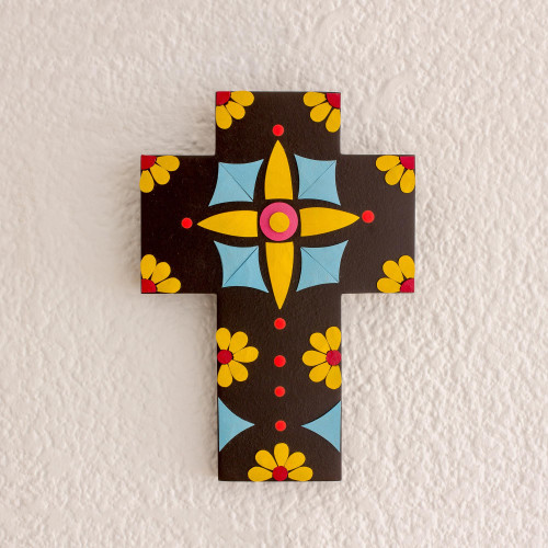 Colorful Floral Gourd and Wood Wall Cross from El Salvador 'Designs of Old'