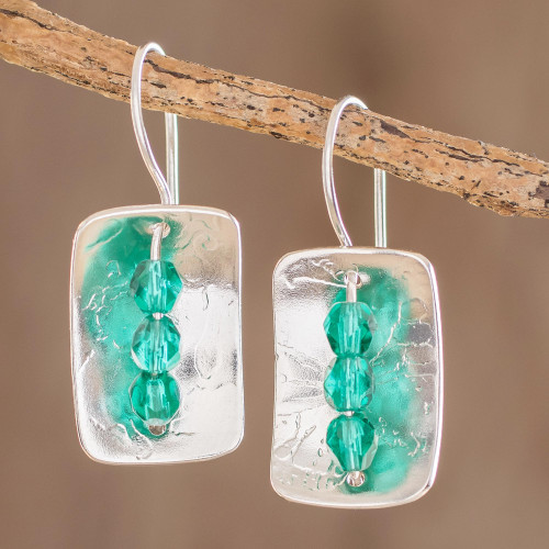 Sterling Silver Rectangle Drop Earrings 'Verdant Shimmer' Sterling Silver Rectangle Drop Earrings 'Verdant Shimmer'