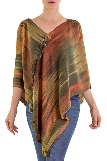 Hand Woven Ginger Rayon Poncho from Guatemala 'Ethereal Ginger'