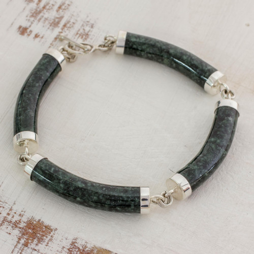 Artisan Crafted Dark Green Jade and Sterling Silver Bracelet 'Dark Green Natural Connection'