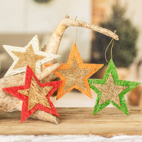 Handcrafted Natural Fiber Star Holiday Ornaments Set of 4 'Textured Stars'