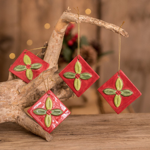 Green and Red Ceramic Mistletoe Ornaments Set of 4 'Mistletoe'