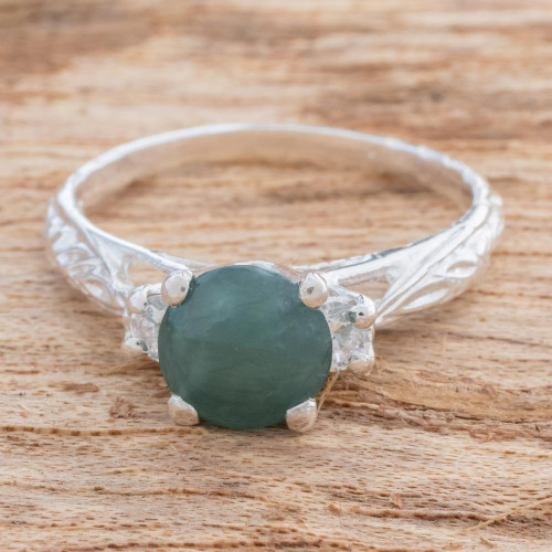 Green Jade and Sterling Silver with Leaf Motif Cocktail Ring 'Sparkling Lagoon'