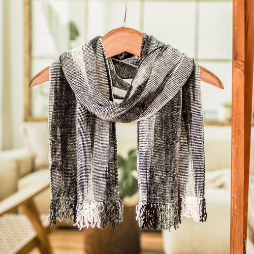 Handwoven Grey Rayon Chenille Scarf from Guatemala 'Infinite Universe'