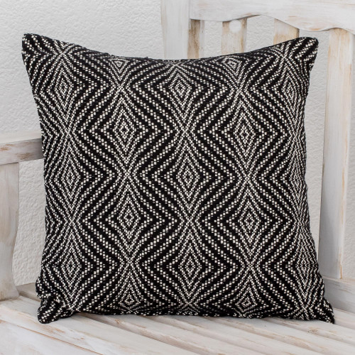 Diamond Pattern Cotton Cushion Cover in Black from Guatemala 'Geometric Elegance in Black'