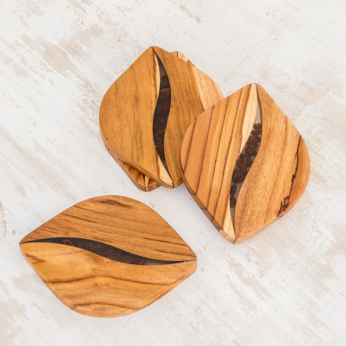 Coffee-Themed Teak Wood Coasters from Costa Rica Set of 4 'Coffee Morning'