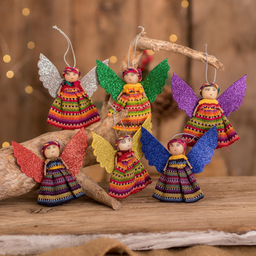 Cultural Cotton Angel Ornaments from Guatemala Set of 6 'Quitapenas Angels'