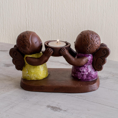 Ceramic Tealight Candleholder with Two Little Angels 'Angel Duo'