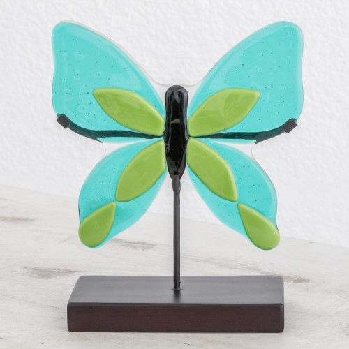 Art Glass Butterfly Sculpture in Green from El Salvador 'Flight of Color in Green'
