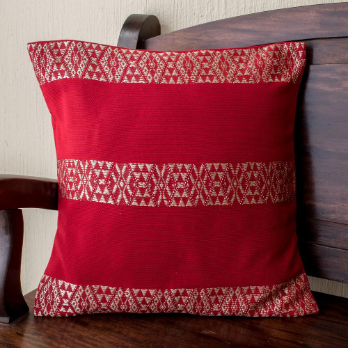 Hand Loomed Red Cotton Cushion Cover 'Mountains and Valleys in Red'