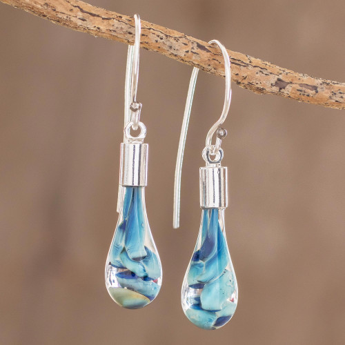Blue Art Glass Dangle Earrings from Costa Rica 'Flirty Waves'