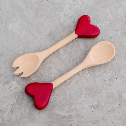 Heart-Themed Wood Serving Utensils from Guatemala Pair 'Unconditional Love'