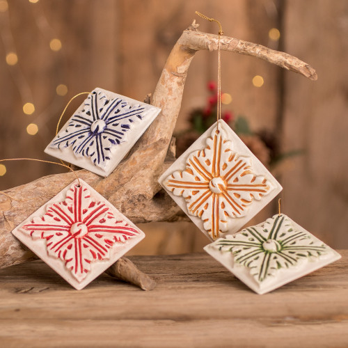 Assorted Color Ceramic Azalea Ornaments Set of 4 'Multicolored Azaleas'