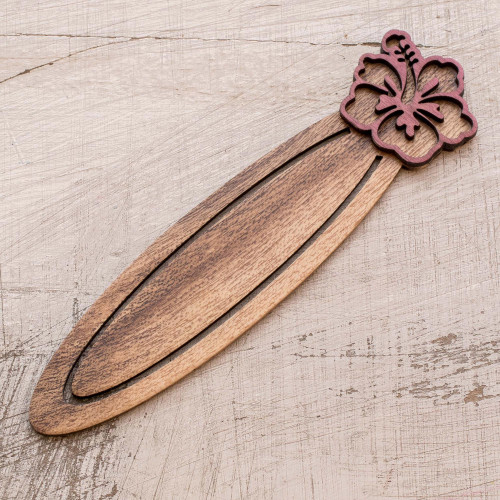 Handcrafted Recycled Teak Hibiscus Theme Bookmark 'Tropical Hibiscus'