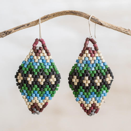 Rhombus Motif Ceramic Beaded Dangle Earrings from Guatemala 'Rhombus Intricacy' Rhombus Motif Ceramic Beaded Dangle Earrings from Guatemala 'Rhombus Intricacy'