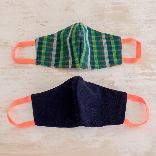 2 Handwoven Cotton Masks in Green Check  Solid Blue 'Cheerful Squares'