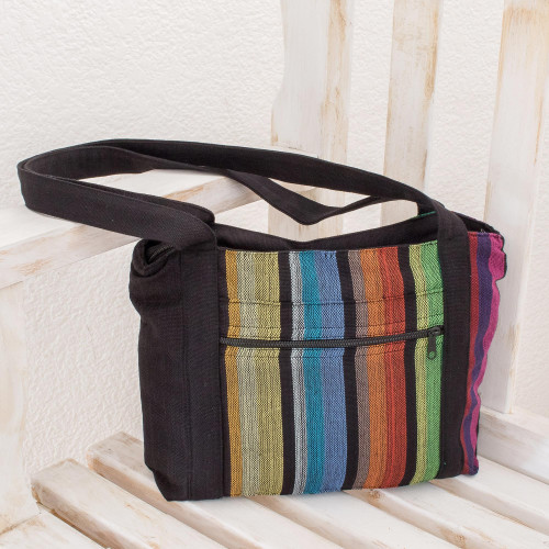 Colorful Vertical Stripes on Black Handwoven Cotton Tote Bag 'Island Traveler'