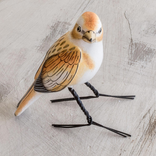 Guatemala Handcrafted Ceramic Snow Bunting Bird Figurine 'Snow Bunting'