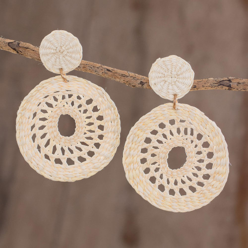 Handmade Circular Natural Fiber Earrings in Alabaster 'Delightful Nature in Alabaster'