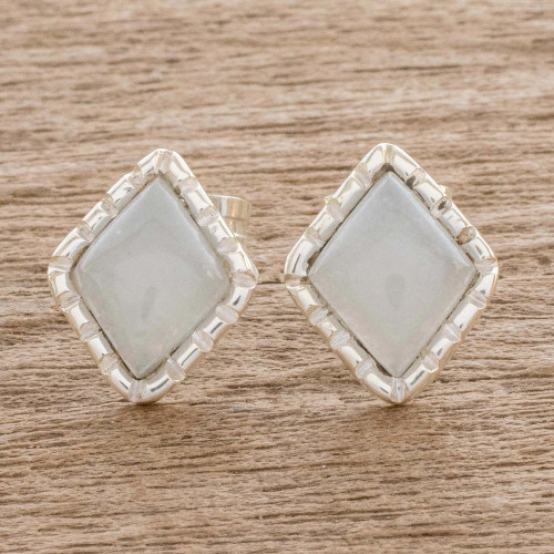 Silver Stud Earrings with Pale Ice Green Jade Diamonds 'Ice Green Diamond'