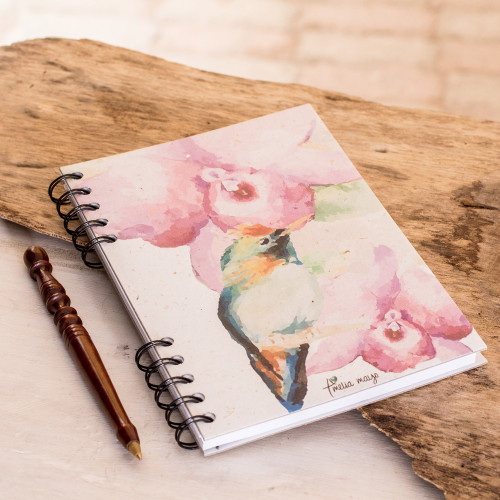 Signed Floral Hummingbird Paper Journal from Costa Rica 'Orchid Hummingbird'