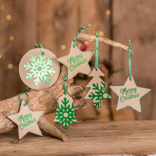 Beige and Green Leather Christmas Ornaments Set of 6 'Christmas in Beige and Green'