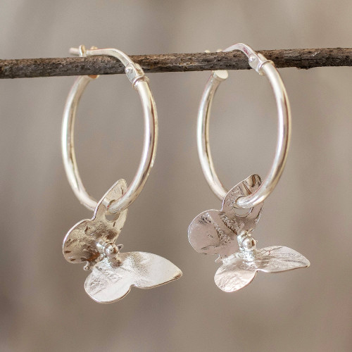Petite Silver Butterfly Hoop Earrings from Costa Rica 'Shimmering Butterflies'