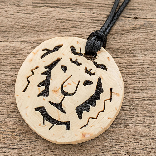 Coconut Shell and Lava Stone Lion Pendant Necklace 'Lion Face'