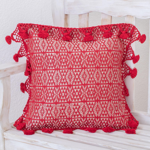 Handwoven Geometric Cotton Cushion Cover in Chili 'Traditional Motifs in Chili'