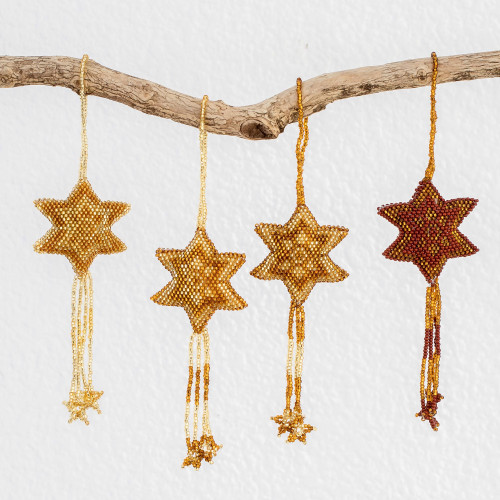 Glass Beaded Ornaments in Gold and Brown Set of 4 'Fleeting Stars'