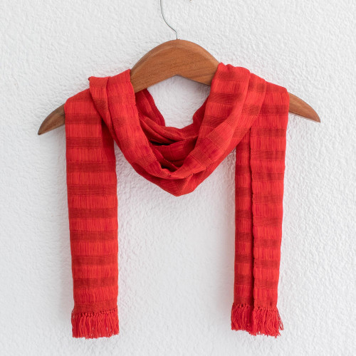 Crimson and Tangerine Cotton Wrap Scarf from Guatemala 'Subtle Passion'