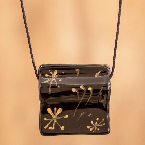 Black Recycled Glass Pendant Necklace from Costa Rica 'Starry Dreams in Black'