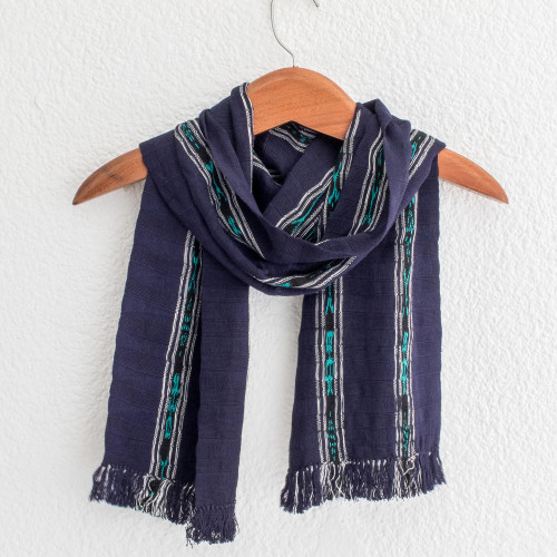 Handwoven Cotton Wrap Scarf in Navy from Guatemala 'Ocean Subtlety'