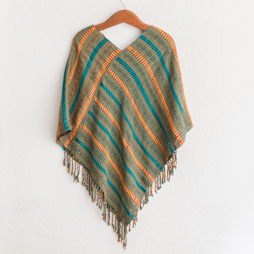 Handwoven Striped Cotton Poncho from Guatemala 'Beach Stripes'