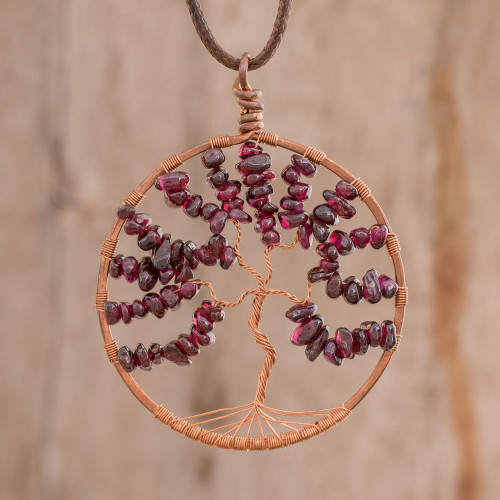 Garnet Gemstone Tree Leo Pendant Necklace from Costa Rica 'Leo Tree of Life'