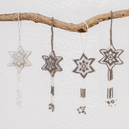 Glass Beaded Star Ornaments from Guatemala Set of 4 'Grey Fleeting Stars'