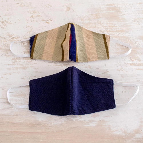 2 Handwoven 3-Layer Masks in Stripe  Solid Blue Cotton 'Patience and Hope'