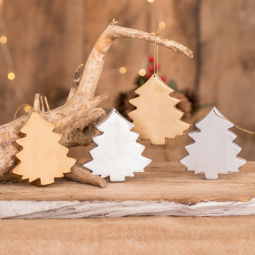 Gold and Silver-Tone Wood Tree Ornaments Set of 4 'Christmas Tree Royalty'