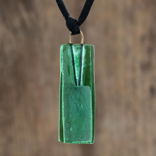 Green Recycled Glass Pendant Necklace from Costa Rica 'Hopeful Mood'