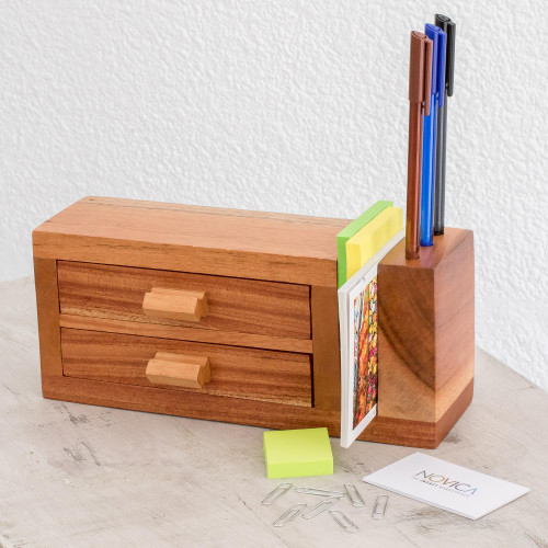 Handmade Cedar Wood Desk Organizer from Guatemala 'Order and Harmony'