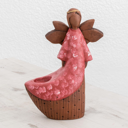 Ceramic Angel Tealight Candleholder from El Salvador 'Red Angel of Light'