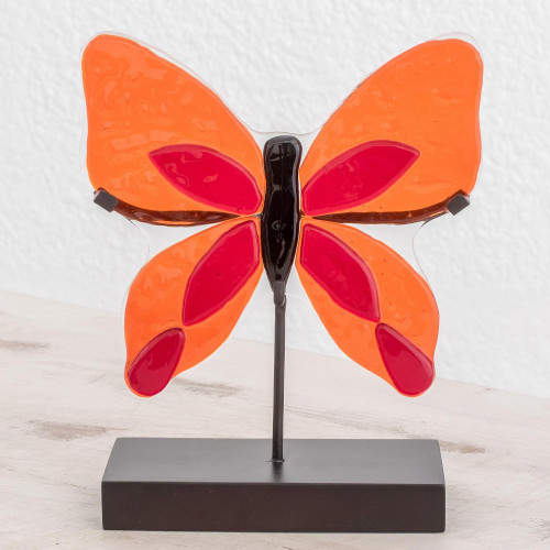Art Glass Butterfly Sculpture in Orange from El Salvador 'Flight of Color in Red'