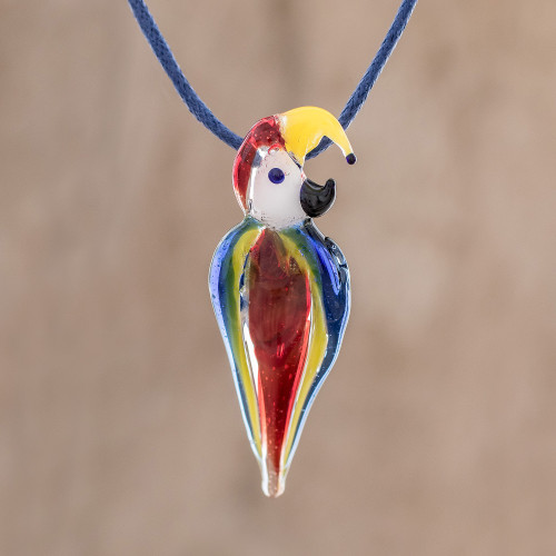 Handblown Glass Macaw Pendant Necklace from Costa Rica 'Beautiful Macaw'