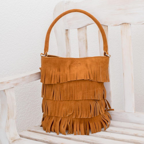 Fringed Suede Handle Handbag in Ginger from El Salvador 'Bohemian Ginger'