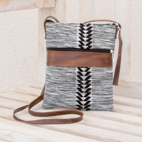 Black and White Leather Accent Cotton Sling from Guatemala 'Comalapa Heather'