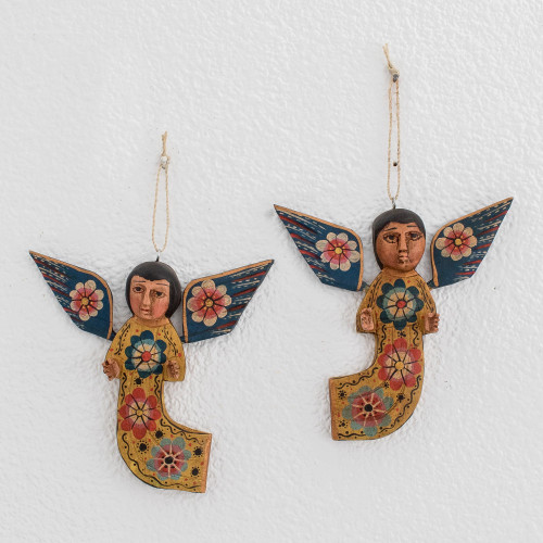 Hand-Painted Wood Angel Wall Ornaments from Guatemala Pair 'Flower Angels'
