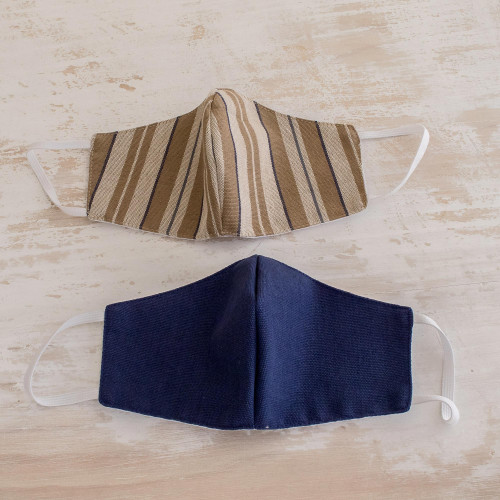 Brown Striped  Blue Handwoven Cotton Face Masks 'Maya Handlooms'