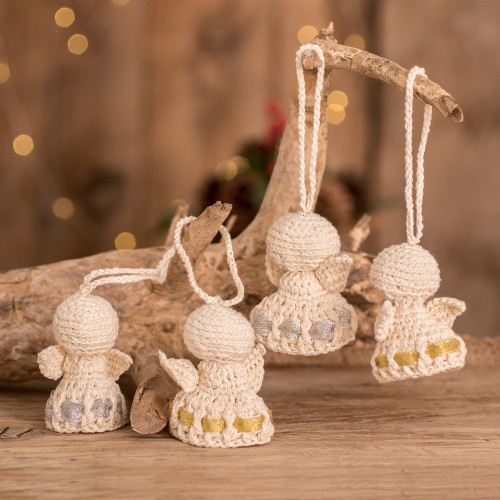Hand-Crocheted Cotton Angel Ornaments in Eggshell Set of 4 'Precious Angels'