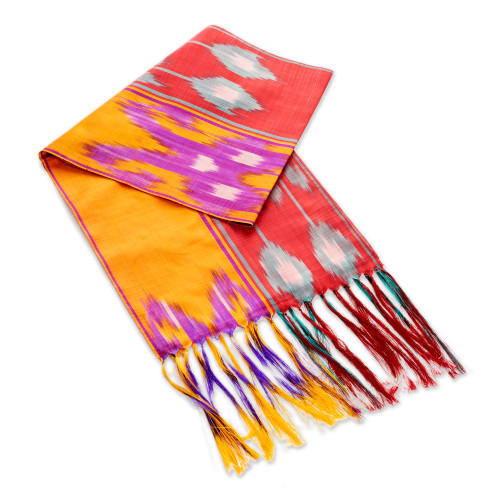 Multicolored Fringed Silk Ikat Scarf Handmade in Uzbekistan 'Samarkand Sunrise'